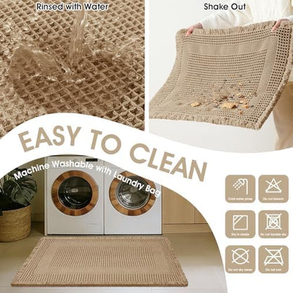 Upgraded Waffle Bath Mat Set 3 Piece Beige-Looped, Super Absorbent Non-Slip Quick Dry Bathroom Rugs with Tassels, Machine Washable Ultra Soft Boho Bath Rugs for Floor, Toilet Mats Boho Farmhouse Decor