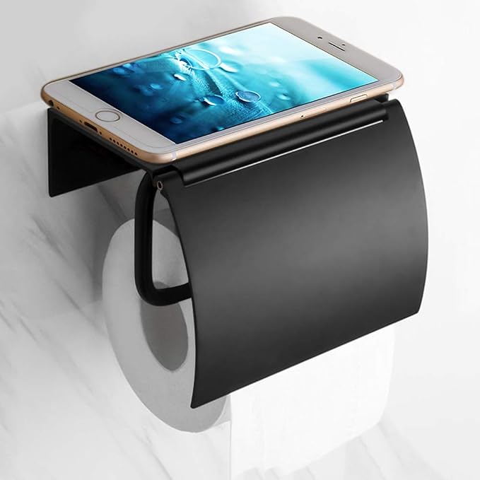 Matte Black Toilet Paper Holder Wall Mounted with Phone Shelf, Universal Modern Toilet Tissue Holder fit Mega Roll Toilet Paper, Cat Proof Toilet Paper Holder Bathroom Metal Aluminum Covered TP Holder | With Cover Lid, Cat Proof, Aluminum Metal, Rustpr...