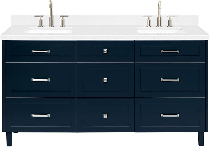 ARIEL Monroe 66-inch Bathroom Vanity with Sink,Solid Wood, 1.5-inch Carrara White Quartz Countertop & Backsplash, Double Oval Porcelain Sink, 9 Dovetail Drawers, Brushed Nickel, Midnight Blue