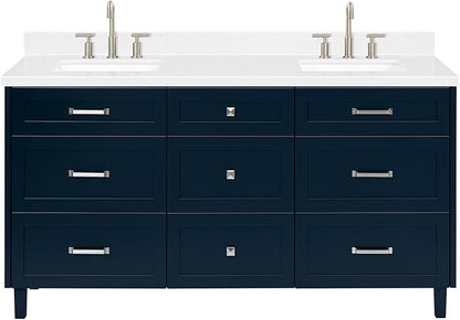 ARIEL Monroe 66-inch Bathroom Vanity with Sink,Solid Wood, 1.5-inch Carrara White Quartz Countertop & Backsplash, Double Oval Porcelain Sink, 9 Dovetail Drawers, Brushed Nickel, Midnight Blue