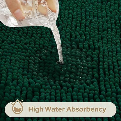 HOMEIDEAS Dark Green Chenille Bathroom Rugs Set of 3, Non Slip Bath Mat