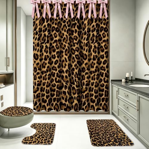 AnyDesign 28 Pcs Leopard Shower Curtain Set with Non-Slip Bath Mat U-Shaped Rug Toilet Lid Cover Cheetah Print Shower Curtain with Hooks and Pink Ribbons for Bathroom Accessories & Decor