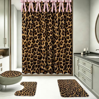 AnyDesign 28 Pcs Leopard Shower Curtain Set with Non-Slip Bath Mat U-Shaped Rug Toilet Lid Cover Cheetah Print Shower Curtain with Hooks and Pink Ribbons for Bathroom Accessories & Decor