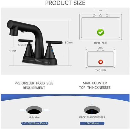 FRANSITON Bathroom Faucets with Pull Out Sprayer, 4 Inch Black Bathroom Faucet 3-Hole, 2 Handle Pull Down Sprayer Bathroom Sink Faucet with 360 Swivel Spout, Metal Pop-Up Drain