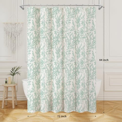 Teal Boho Linen Fabric Shower Curtain , Farmhouse Floral For Bathroom