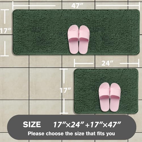 Bathroom Rugs Sets 2 Piece – Absorbent and Washable Bath Mat, Non-Slip, Thick Soft Chenille Bath Rugs for Bathroom Floor, Shower, Sink(17" x 24"+17" x 47", Hunter Green)