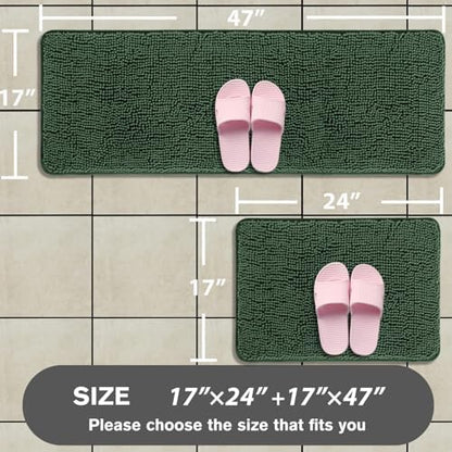 Bathroom Rugs Sets 2 Piece – Absorbent and Washable Bath Mat, Non-Slip, Thick Soft Chenille Bath Rugs for Bathroom Floor, Shower, Sink(17" x 24"+17" x 47", Hunter Green)