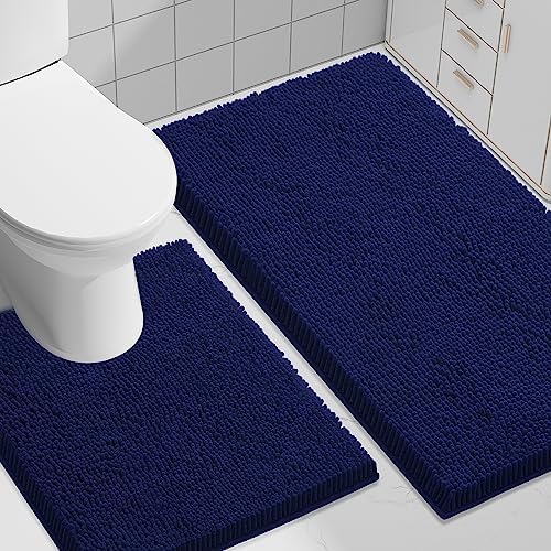 Smiry Chenille Bathroom Rugs Sets 2 Piece (30x20+ U Shape 24x20, Navy Blue)