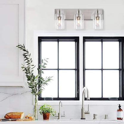 3-Light Bathroom Vanity Light Fixtures,Modern Wall Sconces,Bathroom Lights Over Mirror,Wall Mounted Lamp for Kitchen Living Room Bedroom Hallway,Brushed Nickel Finish with Clear Glass Shade