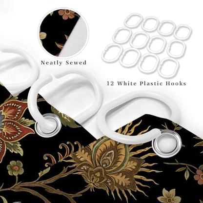 Boho Chic Black Floral Shower Curtain, Vintage Rustic Antique Victorian Peacock Paisley Farmhouse Shower Curtain Set, Witchy Aesthetic Retro Bath Curtains Bathroom Accessories with Hooks, 72 x 72