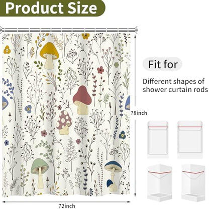 deFouliao Mushroom Shower Curtain, Boho Floral Waterproof Shower Curtain for Bathroom Bathtub Home Curtain Decor with Hooks, Machine Washable, 72''Wx78''L