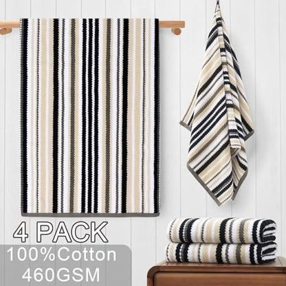 VOOVA & MOVAS Bath Towels 4 Pack, 100% Cotton, 28x52 in, Black Striped