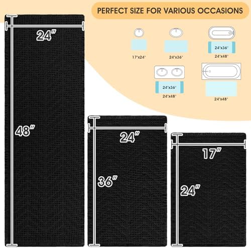 IM HOME Upgrade Waffle Bath Mat Set 3 Piece, Boho Bathroom Rugs Absorbent Non Slip, Ultra Soft Bathroom Mat, Machine Washable Knit Bath Rugs with Herringbones for Bathroom, Bedroom, Kitchen, Black
