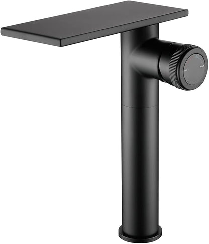 becola Modern Matte Black Bathroom Faucet，Tall Waterfall Faucet for Bathroom Sink，Single Hole Cold and Hot Basin Mixer Tap，Single Handle Vanity Faucet with Adjust Knobs and Two Supply Lines