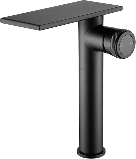 becola Modern Matte Black Bathroom Faucet，Tall Waterfall Faucet for Bathroom Sink，Single Hole Cold and Hot Basin Mixer Tap，Single Handle Vanity Faucet with Adjust Knobs and Two Supply Lines