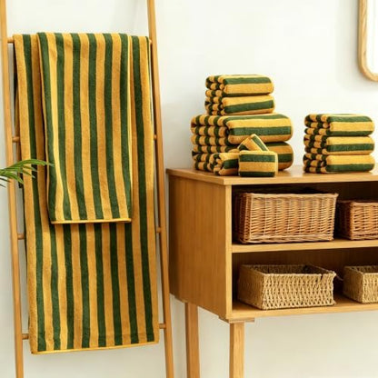 18 Pcs Yellow Green Cabana Stripe Bath Towel Set with Hanging Loop-6 Bath Towels,6 Hand Towels,6 Washcloths Family Towels Soft Microfiber Highly Absorbent Shower Towel for Bathroom Beach Spa Gym