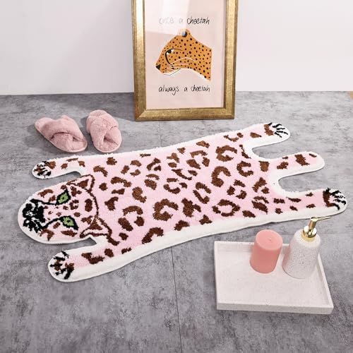 Panstar Cute Pink Leopard Bath Mat for Bathroom, Cute Cartoon Bath Mat Non Slip Animals Shaped Absorbent Bathtub Rug Bathroom Plush Shower Rugs