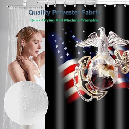 US Marine Corps American Pride Flag Shower Curtain with Hooks 72 x 72 Inch