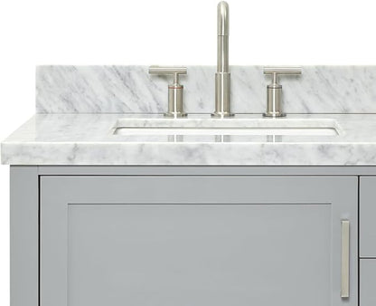 ARIEL Bayhill 72-inch Bathroom Vanity with Sink,Solid Wood, 1.5-inch Italian Carrara Marble Countertop, Double Rectangular Porcelain Sink, 2 Soft Closing Doors, 3 Dovetail Drawers, Grey