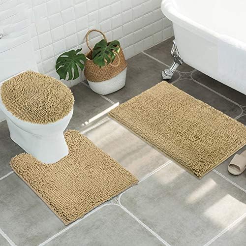 ITSOFT Standard 3pc Non-Slip Shaggy Chenille Bathroom Mat Set, Includes 24"x21" U-Shaped Contour Toilet Rug, 34"x21" Inches Bathmat and 1 Toilet Lid Cover, Beige