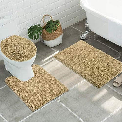 ITSOFT Standard 3pc Non-Slip Shaggy Chenille Bathroom Mat Set, Includes 24"x21" U-Shaped Contour Toilet Rug, 34"x21" Inches Bathmat and 1 Toilet Lid Cover, Beige