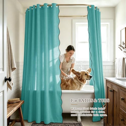 Furlinic Scalloped Shower Curtain Waterproof No Hook Teal 72x75 Boho Fabric