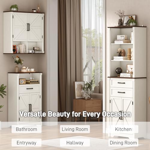 Farmhouse Bathroom Storage Cabinet,Double Wooden Bathroom Wall Cabinet with Roman Column Decor, Farmhouse Medicine Cabinets w Barn Doors,Storage Cabinets Wall Mounted for Kitchen(Rustic White)