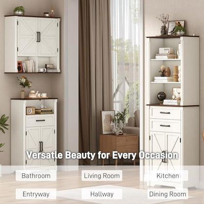 Farmhouse Bathroom Storage Cabinet,Double Wooden Bathroom Wall Cabinet with Roman Column Decor, Farmhouse Medicine Cabinets w Barn Doors,Storage Cabinets Wall Mounted for Kitchen(Rustic White)