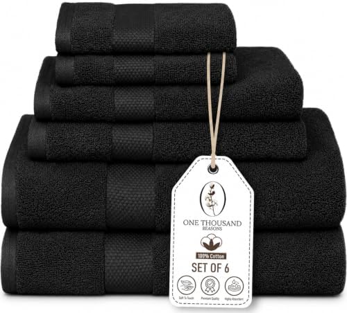 Premium Staple Cotton Bathroom Towel Set - Black 600 GSM 6-Piece Luxury Bath Towel Set 1 Stripe - 2 Bath Towels, 2 Hand Towels & 2 Washclothes Set - High Absorbent & Quick Dry for Gym, Spa, Hotel