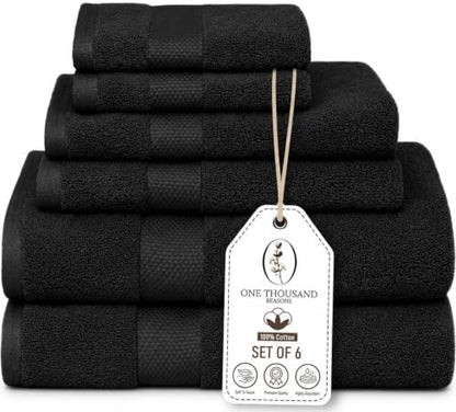 Premium Staple Cotton Bathroom Towel Set - Black 600 GSM 6-Piece Luxury Bath Towel Set 1 Stripe - 2 Bath Towels, 2 Hand Towels & 2 Washclothes Set - High Absorbent & Quick Dry for Gym, Spa, Hotel
