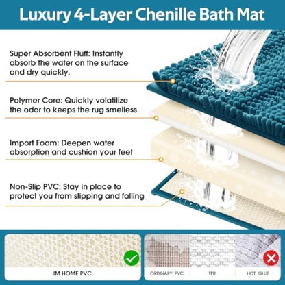 ACCUMTEK Comfydew Striped Teal Blue Bathroom Rug Set 3 Pieces Ultra Soft, Non Slip Chenille Toilet Mat, Absorbent Plush Shaggy Bath Mats for Bathroom, Bedroom, Kitchen