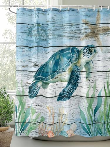 Shower Curtain Bathroom Set Sea Turtle Seagrass Starfish Waterproof Shower Curtains with Grommets Hooks Nautical Compass Blue Gradient Privacy Bath Curtain for Bathtub Decor 36x72in