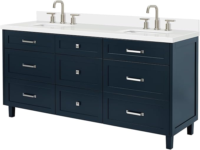 ARIEL Monroe 72-inch Bathroom Vanity with Sink,Solid Wood, 1.5-inch Pure White Quartz Countertop & Backsplash, Double Oval Porcelain Sink, 9 Dovetail Drawers, Brushed Nickel, Midnight Blue