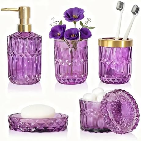 LaMrriti Purple Bathroom Accessories Set 5 Pcs, Glass Bathroom Set