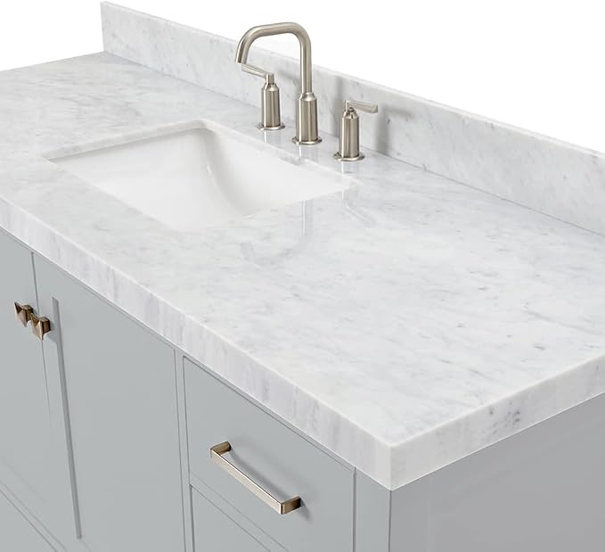 ARIEL Cambridge 60-inch Bathroom Vanity with Sink,Solid Wood, 2-inch Italian Carrara Marble Countertop, Single Rectangular Porcelain Sink, 2 Soft Closing Doors, 9 Dovetail Drawers, Grey