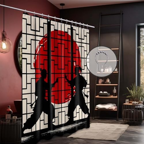 Japanese Shower Curtain Japan Anime Asian Black and Red Shower Curtains for Manly Bathroom Decor Sets, Waterproof Cloth Fabric with Hooks, 70x96 Inch