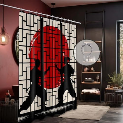 Japanese Shower Curtain Japan Anime Asian Black and Red Shower Curtains for Manly Bathroom Decor Sets, Waterproof Cloth Fabric with Hooks, 70x78 Inch