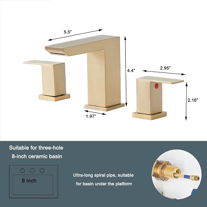 Brushed Gold Bathroom Sink Faucet, 3 Hole Waterfall Bathroom Faucet, 2 Handle Vanity Bath Faucets, Modern Bathroom Faucet with Supply Hoses and Drain, HT-BF301