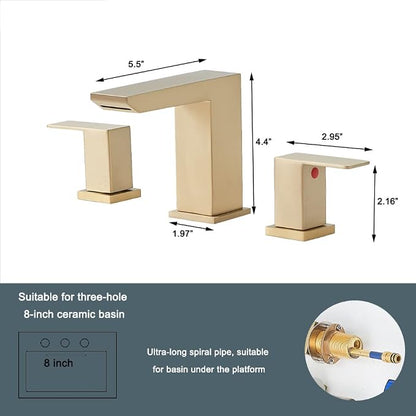 Brushed Gold Bathroom Sink Faucet, 3 Hole Waterfall Bathroom Faucet, 2 Handle Vanity Bath Faucets, Modern Bathroom Faucet with Supply Hoses and Drain, HT-BF301