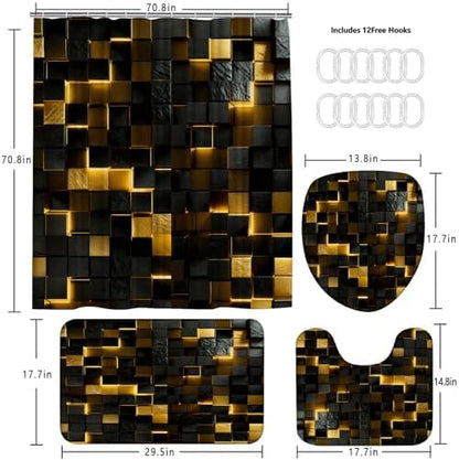 LQCOOL 4 Pcs Black Gold Shower Curtain Set with Rugs, 3D Cube Modern Bathroom Set, Black Gold Polyester Shower Curtains for Bathroom with 12 Hooks, Toilet Lid Cover & U-Shaped Mat