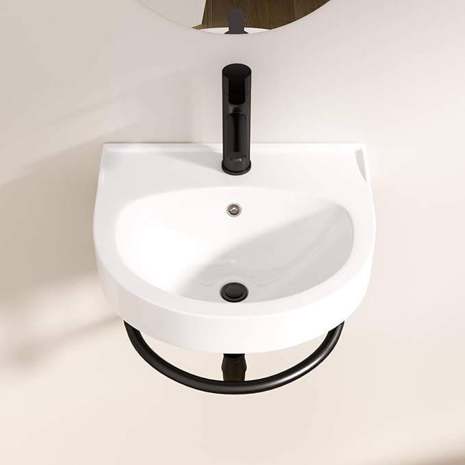 Logmey 16 Inch Wall Mount Bathroom Sink 16"x14" Floating Sink White Porcelain Ceramic Wall Hung Vessel Sink Wash Hand Basin with Bracket
