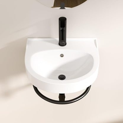 Logmey 16 Inch Wall Mount Bathroom Sink 16"x14" Floating Sink White Porcelain Ceramic Wall Hung Vessel Sink Wash Hand Basin with Bracket