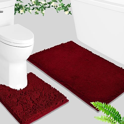 BOANKODU Bath Mat Set, 2 Piece - Soft Chenille, Non-Slip, 32x20 Inch + 20x20 Inch U Shape, Machine Washable (Burgundy)