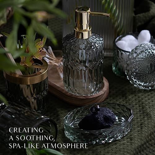 EMPO 6PCS Bathroom Clear Glass Accessories Set (Lotion Soap Dispenser, Soap Dish, Toothbrush Holder, Tumbler, Cotton Swab Jar), Contemporary Modern Decor Crystal Vintage Gift (6pcs Green)