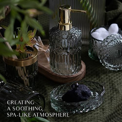 EMPO 6PCS Bathroom Clear Glass Accessories Set (Lotion Soap Dispenser, Soap Dish, Toothbrush Holder, Tumbler, Cotton Swab Jar), Contemporary Modern Decor Crystal Vintage Gift (6pcs Green)