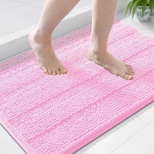Grandaily Chenille Striped Bathroom Rugs 36x24, Extra Thick and Soft Absorbent Bath Mats, Rubber Backing, Plush Shaggy Shower Carpet, Machine Wash Dry, Bath Rug for Bathroom, Light Pink