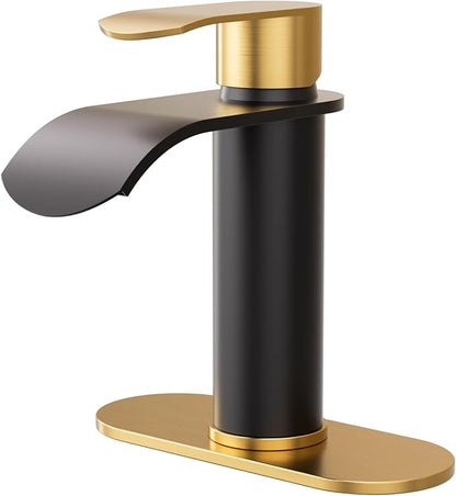 Waterfall Bathroom Faucet: WOWOW Black and Gold Modern Single Handle Bathroom Faucets for 1 or 3 Hole Bathroom Sink Faucet Mixer Tap Washbasin Faucet with Deck, Pop-up Drain and Supply Hoses