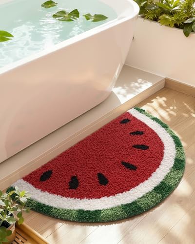 DEXI Cute Watermelon Bath Mat, Half Round Fruit Bathroom Rugs 36x20