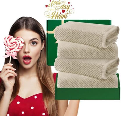 VOOVA & MOVAS Hand Towels 4PC, 100% Cotton, 18x28 in, Tan Taupe
