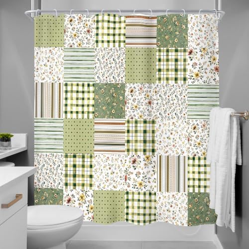 MESHELLY Dark Green Floral Patchwork Shower Curtain 72Wx72H Vintage Checkered Sage Plaid Striped Country Gingham Bathroom Curtain Farmhouse Bath Curtain Bathroom Accessories Decor with 12 Hooks